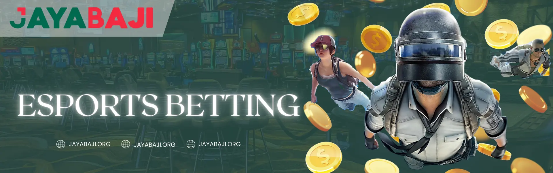 Jayabaji Nepal esports betting banner featuring PUBG characters with flying coins and casino background.