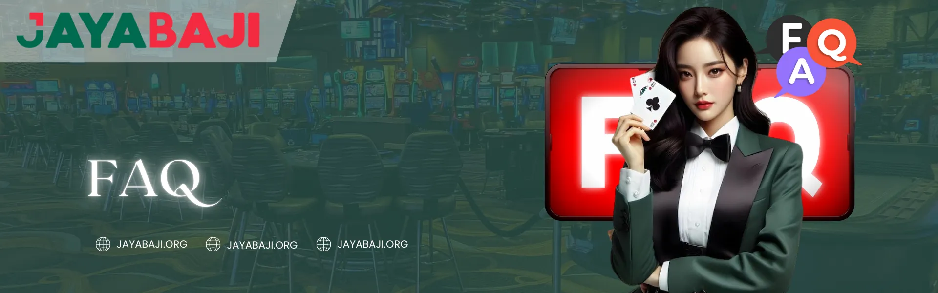 Jayabaji Nepal FAQ page banner featuring a female dealer holding playing cards in a casino background with large FAQ icon.