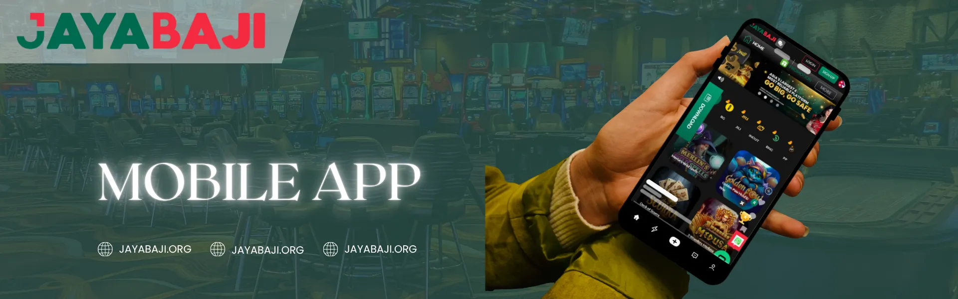 Jayabaji Nepal mobile app interface showing casino games, slots, and live betting features on a smartphone.
