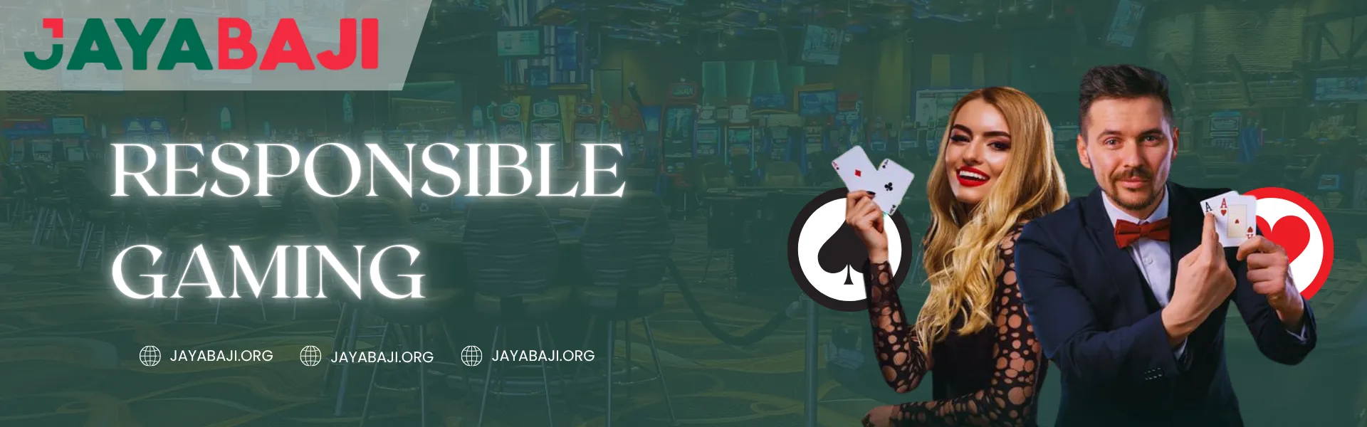 Jayabaji Responsible Gaming banner featuring a man and woman holding playing cards inside a casino setting, promoting safe and responsible online gaming for users in Nepal.