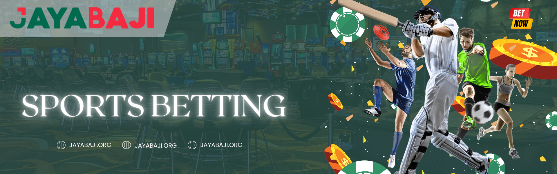 Jayabaji Nepal sports betting banner featuring football, cricket, tennis and athletics players with casino background and betting icons.