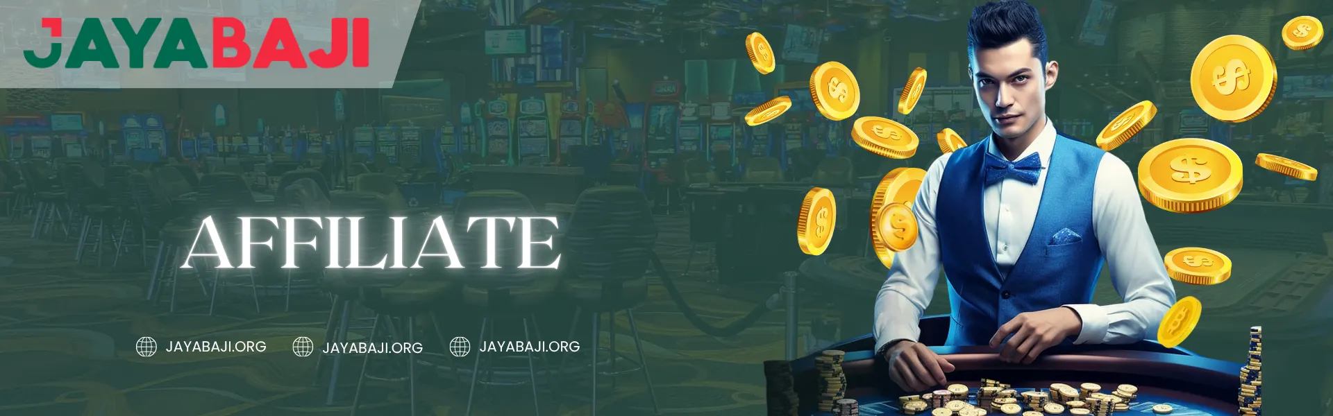 Jayabaji Nepal affiliate banner featuring a professional man in a casino setting surrounded by flying gold coins.