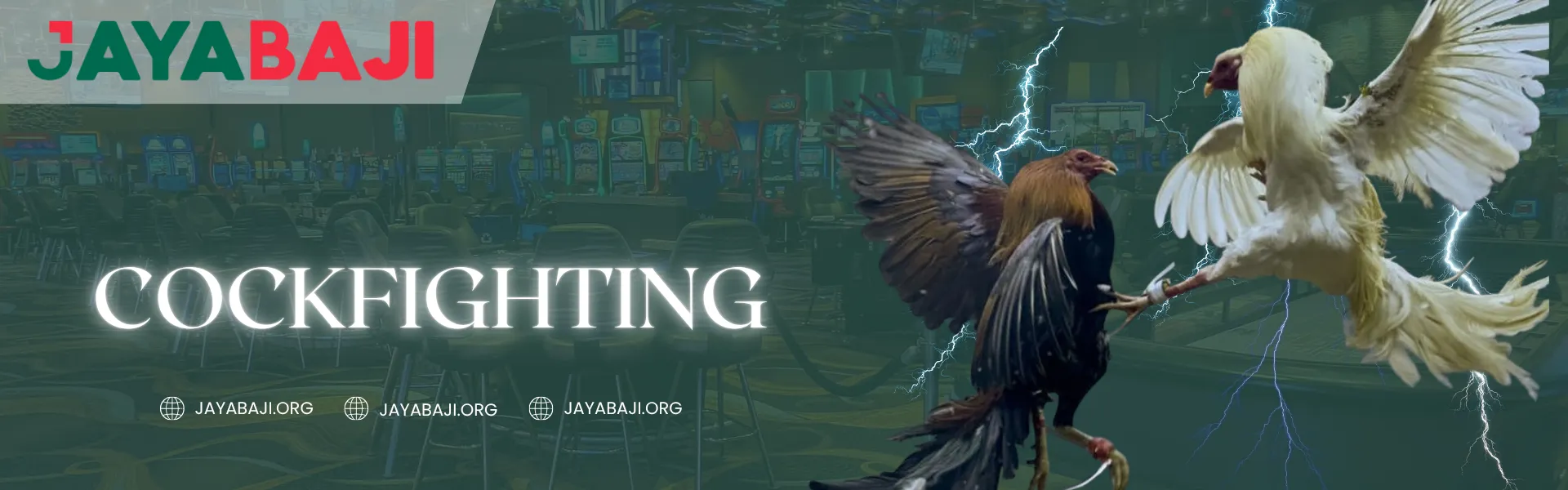 Jayabaji Nepal cockfighting banner showing two roosters in action with lightning effects and casino background.