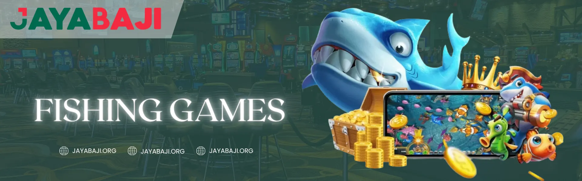 JayaBaji Nepal Fishing Games showing animated sharks, treasure chest, gold coins, and underwater shooting gameplay.