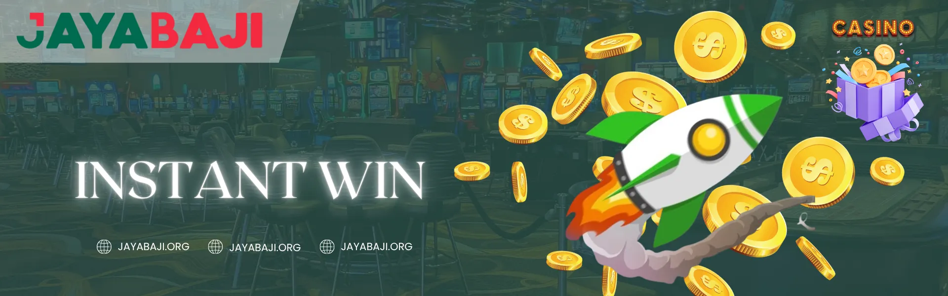 JayaBaji Nepal Instant Win banner featuring a rocket launching through flying gold coins with a casino rewards gift box in the background.