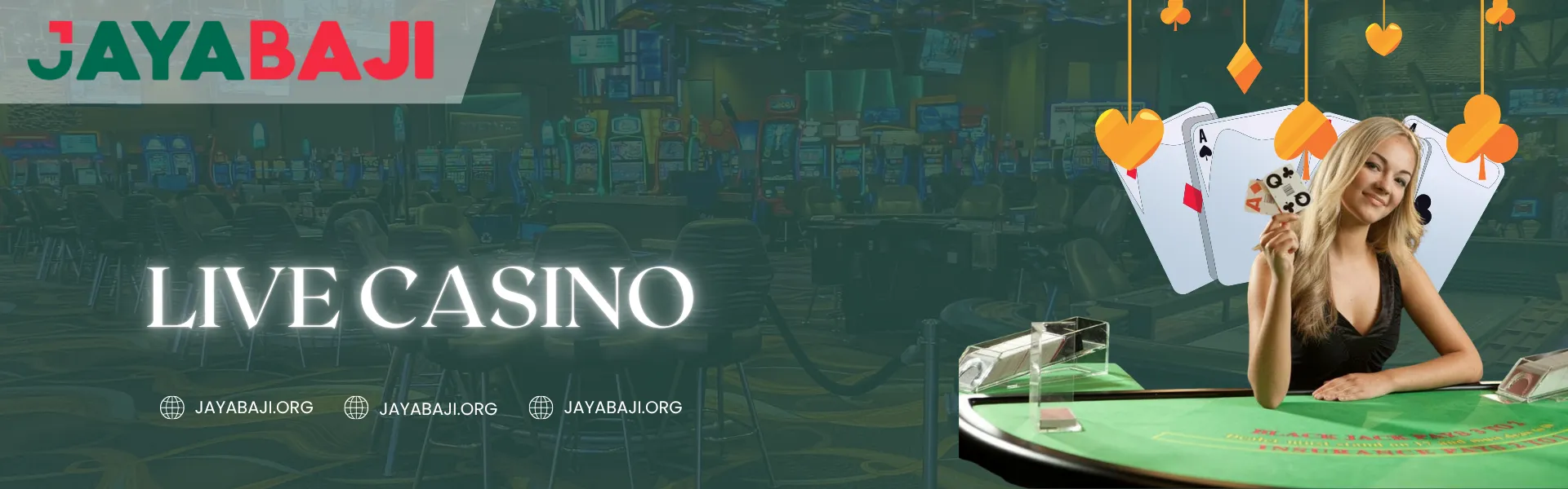 Jayabaji Nepal live casino banner with female dealer holding playing cards at a green casino table.